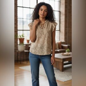 Chic Tan Floral Blouse with Ruffle Sleeves